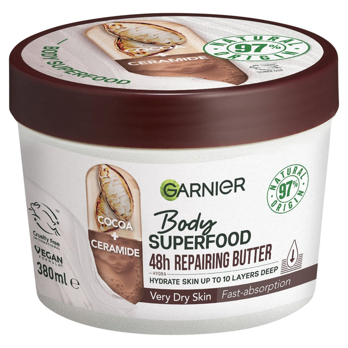 Garnier Body Superfood, reparación de mantequilla corporal, con cacao y ceramida 380 ml